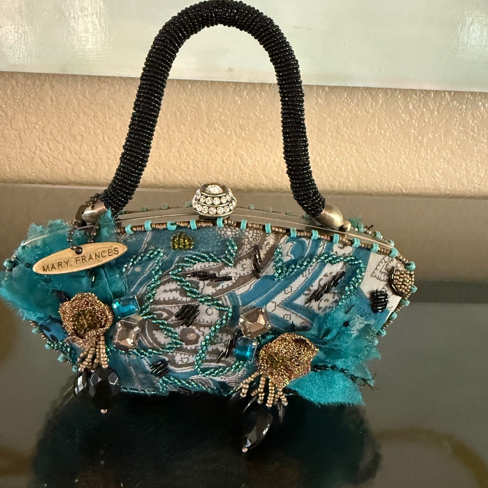 Mary Frances Turquoise and Gold Beaded Clutch
